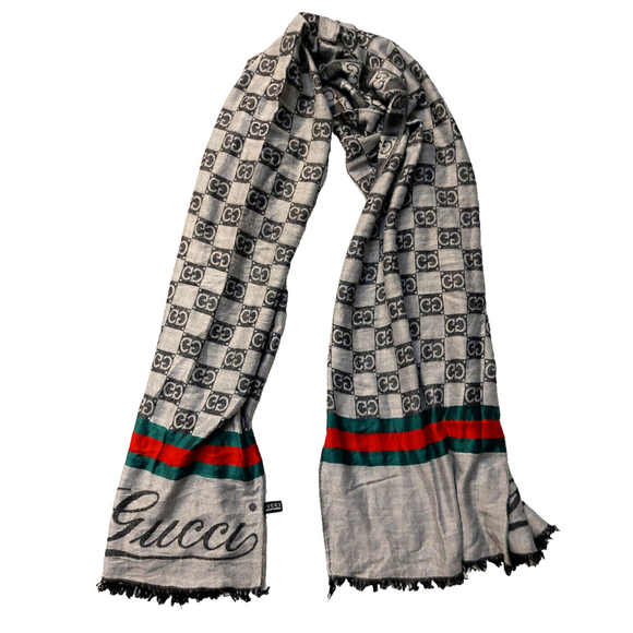 Gucci Black Gray GG Logo Print Red & Green Stripe Cashmere Silk Scarf Pre-owned - Picture 2 of 16